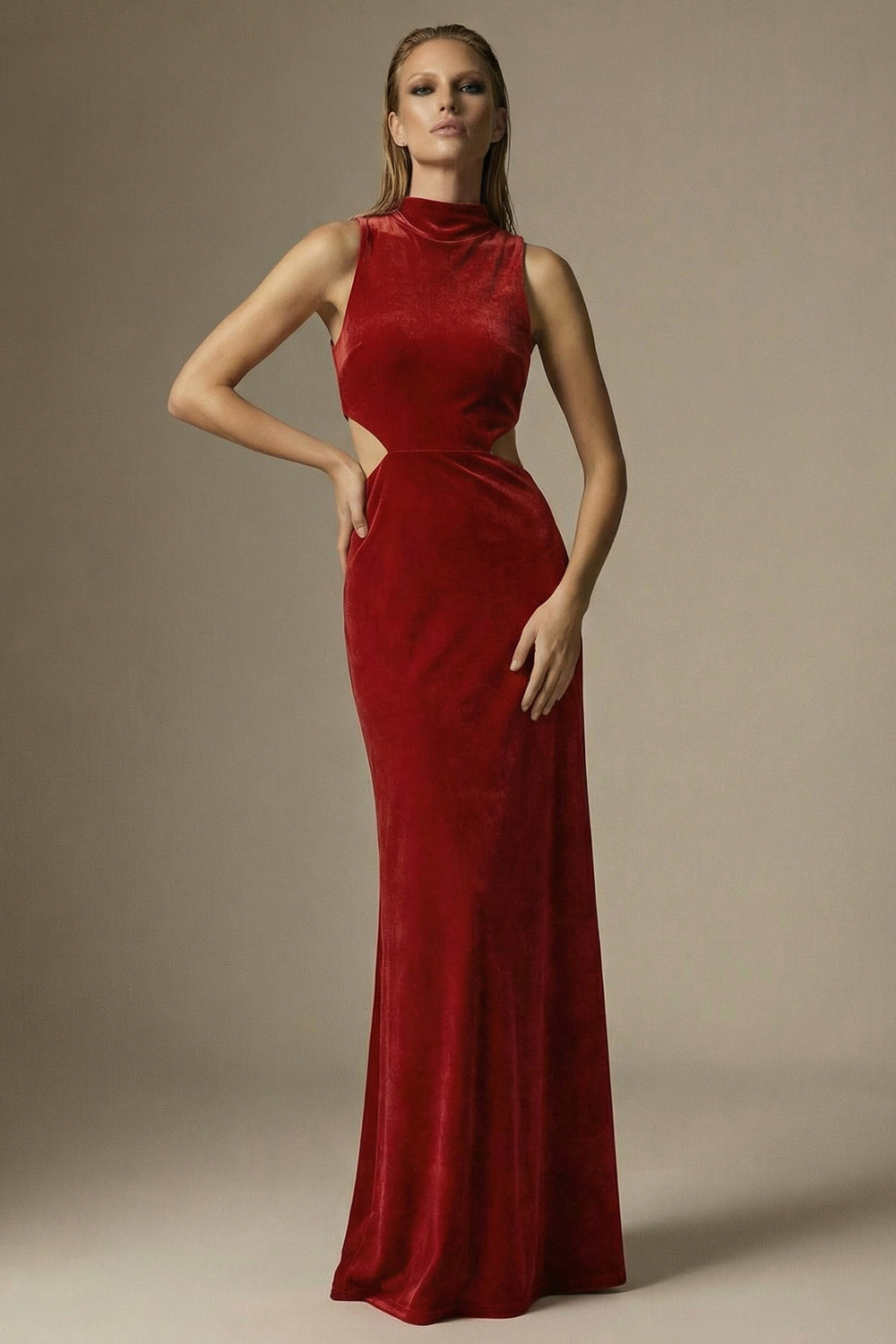Dark Red Velvet High Neck Cut Out Long Sheath Formal Dress