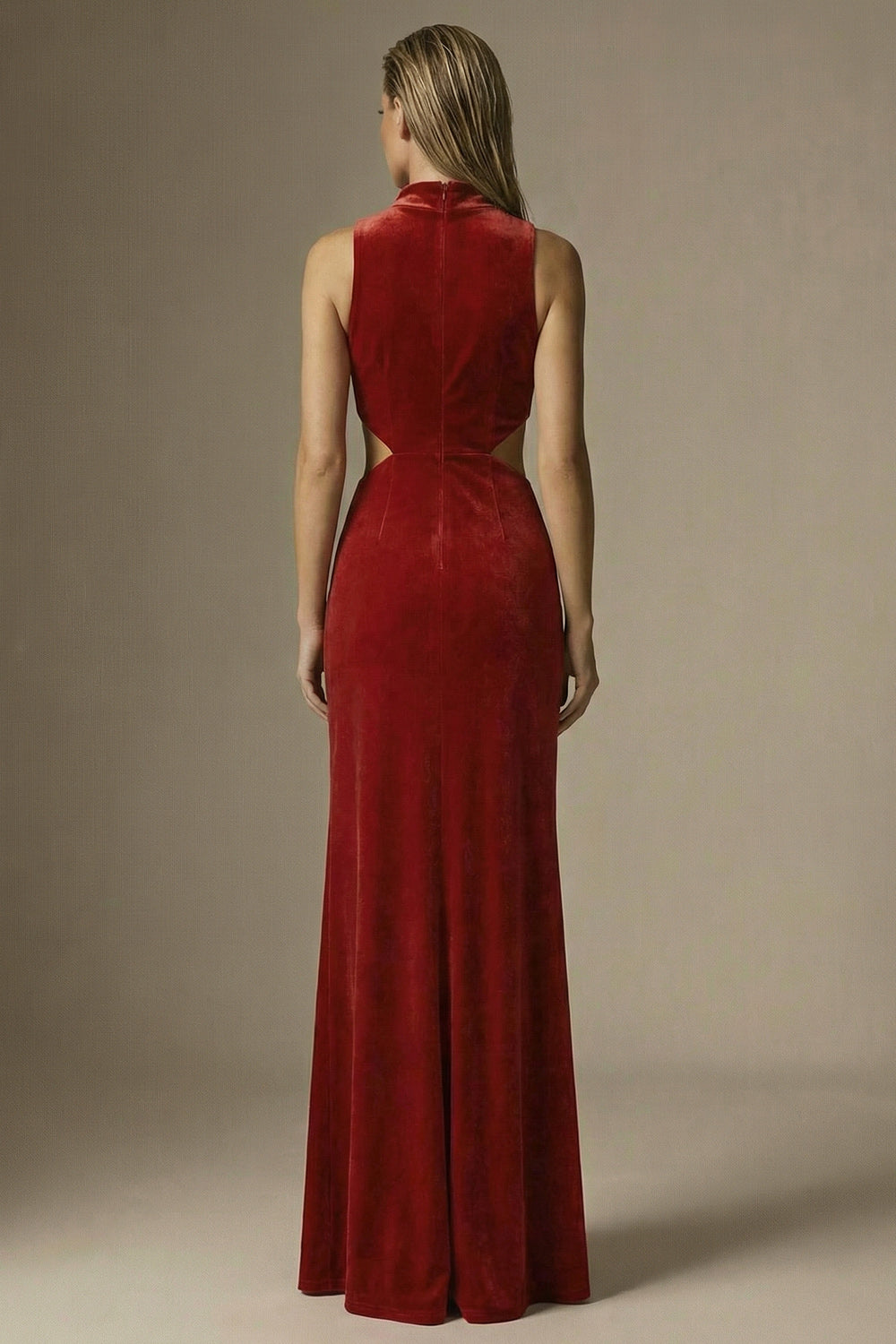 Dark Red Velvet High Neck Cut Out Long Sheath Formal Dress