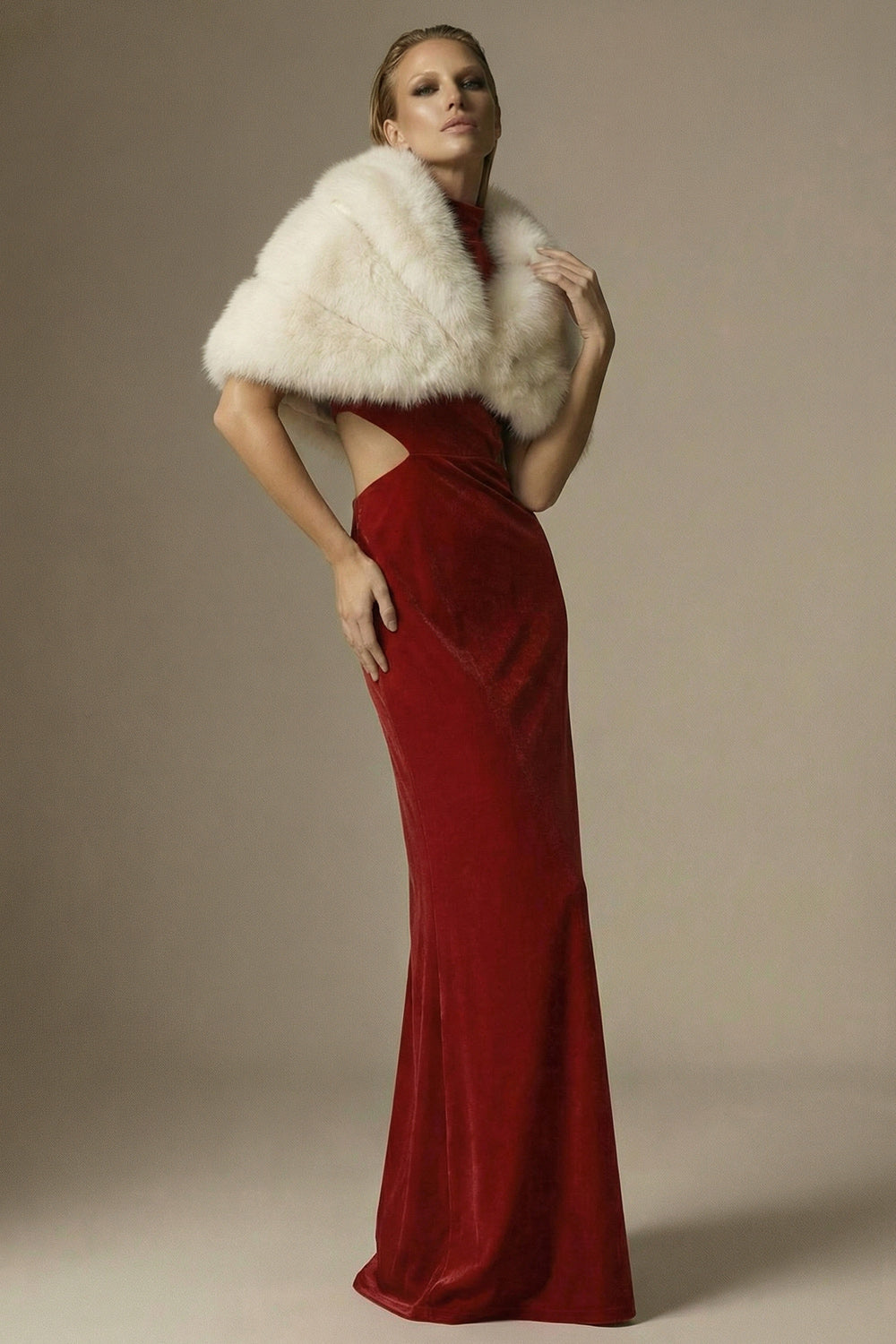 Dark Red Velvet High Neck Cut Out Long Sheath Formal Dress