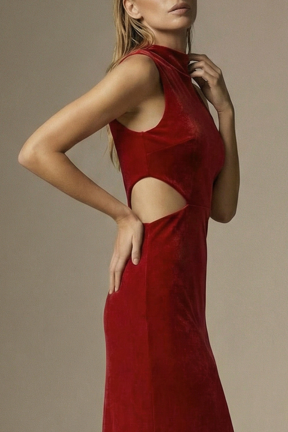 Dark Red Velvet High Neck Cut Out Long Sheath Formal Dress