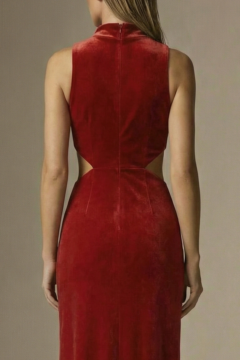Dark Red Velvet High Neck Cut Out Long Sheath Formal Dress