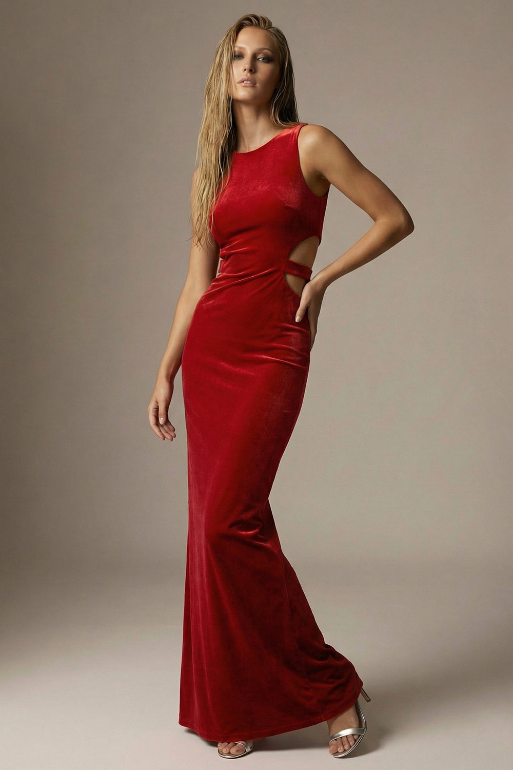 Elegant Dark Red Velvet Cut Out Long Mermaid Formal Dress