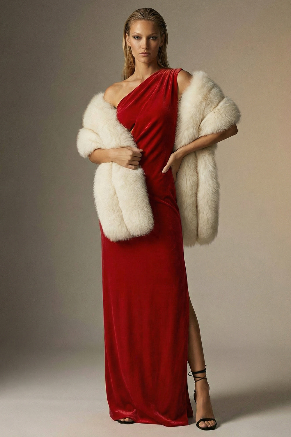 Dark Red Sheath One Shoulder Long Velvet Formal Dress with Slit