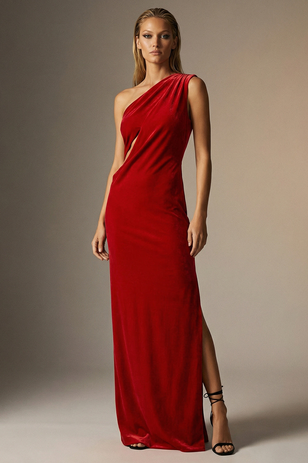 Dark Red Sheath One Shoulder Long Velvet Formal Dress with Slit