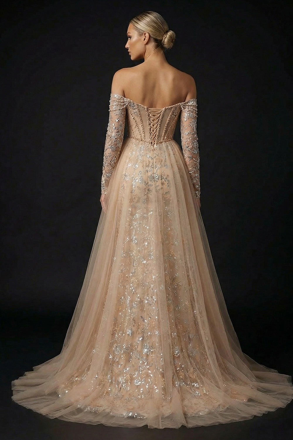 Sparkly Champagne Sheath Off the Shoulder Sequin Long Corset Prom Dress with Slit