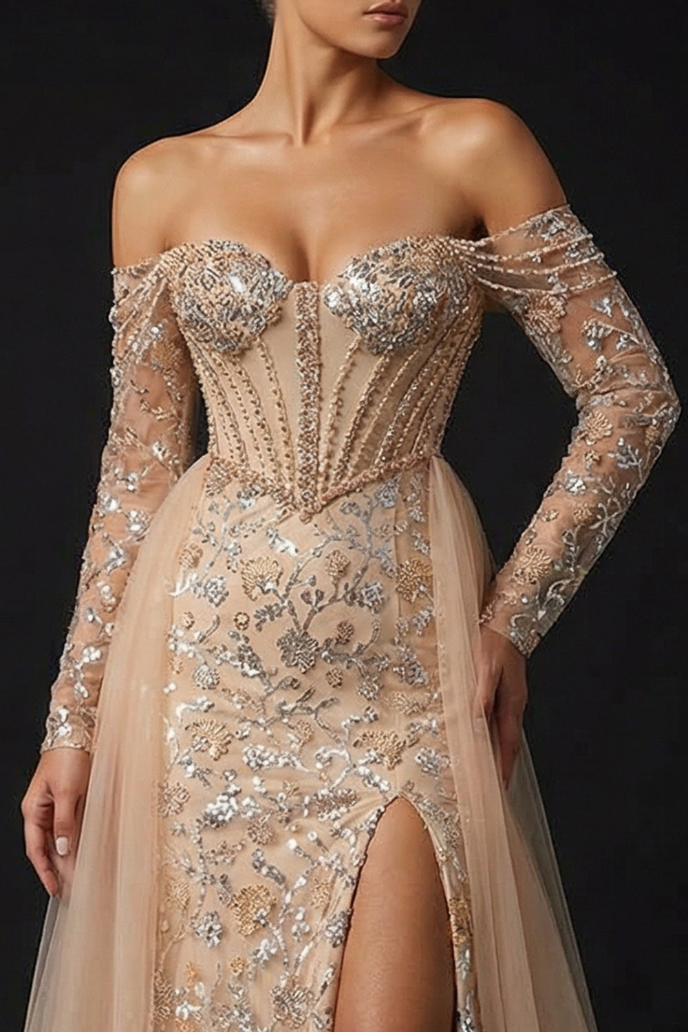 Sparkly Champagne Sheath Off the Shoulder Sequin Long Corset Prom Dress with Slit