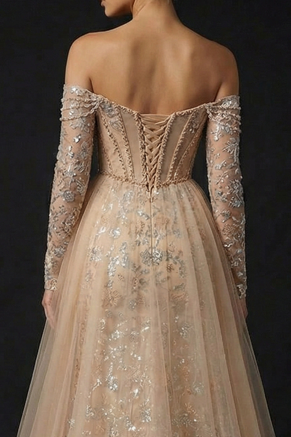 Sparkly Champagne Sheath Off the Shoulder Sequin Long Corset Prom Dress with Slit