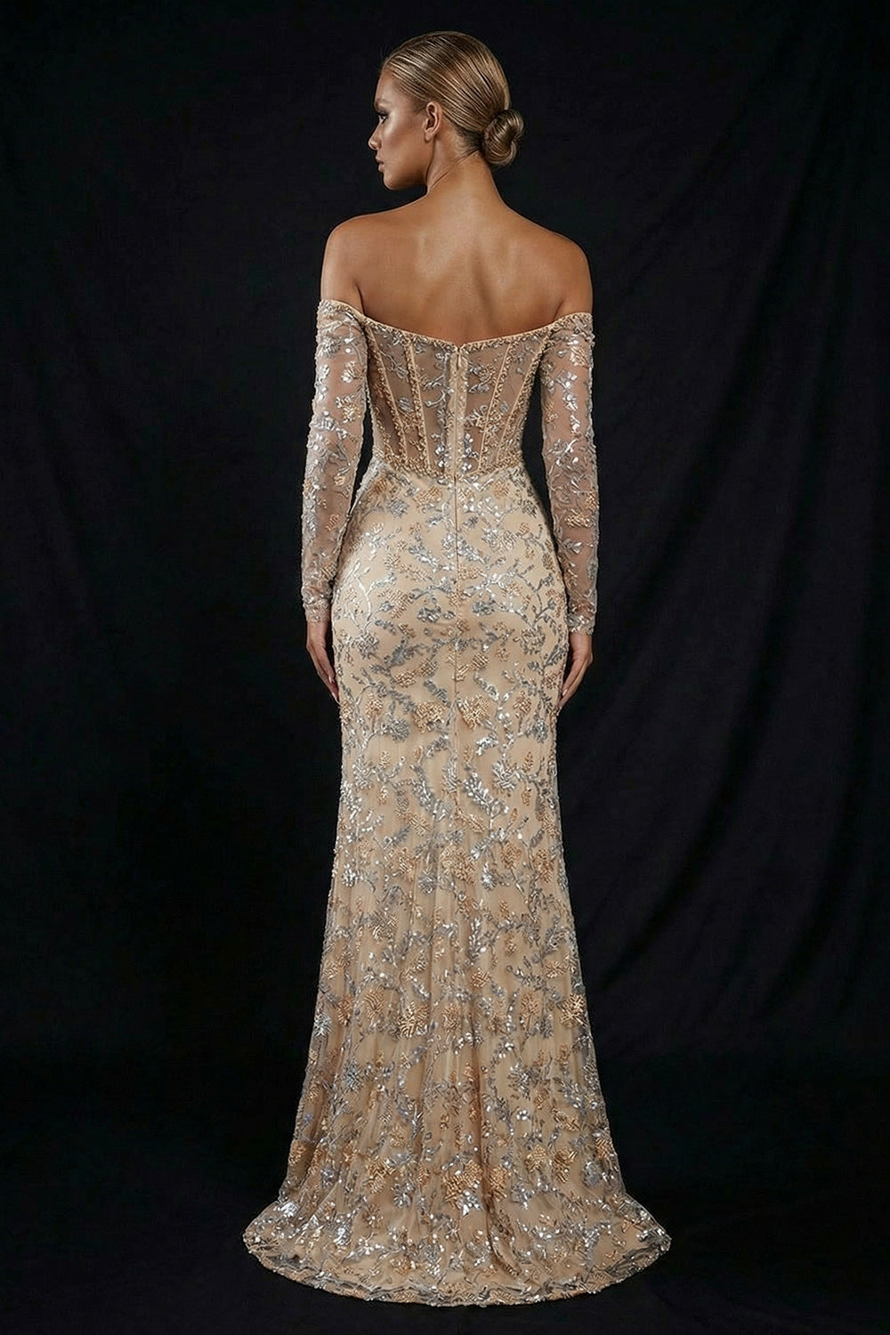 Sparkly Champagne Off the Shoulder Mermaid Long Corset Prom Dress with Slit