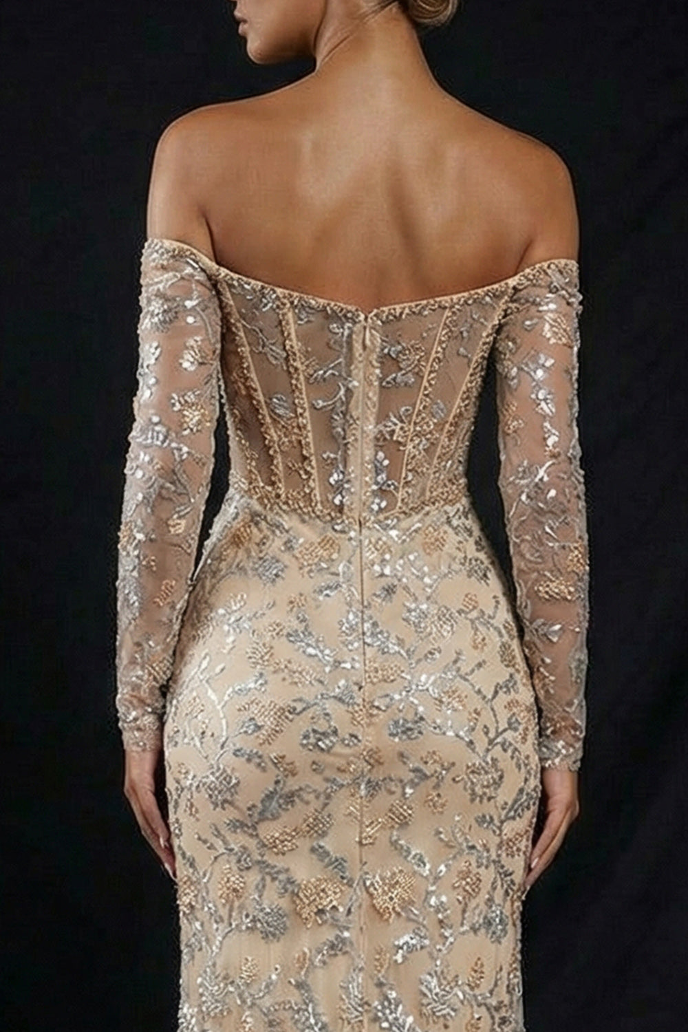 Sparkly Champagne Off the Shoulder Mermaid Long Corset Prom Dress with Slit