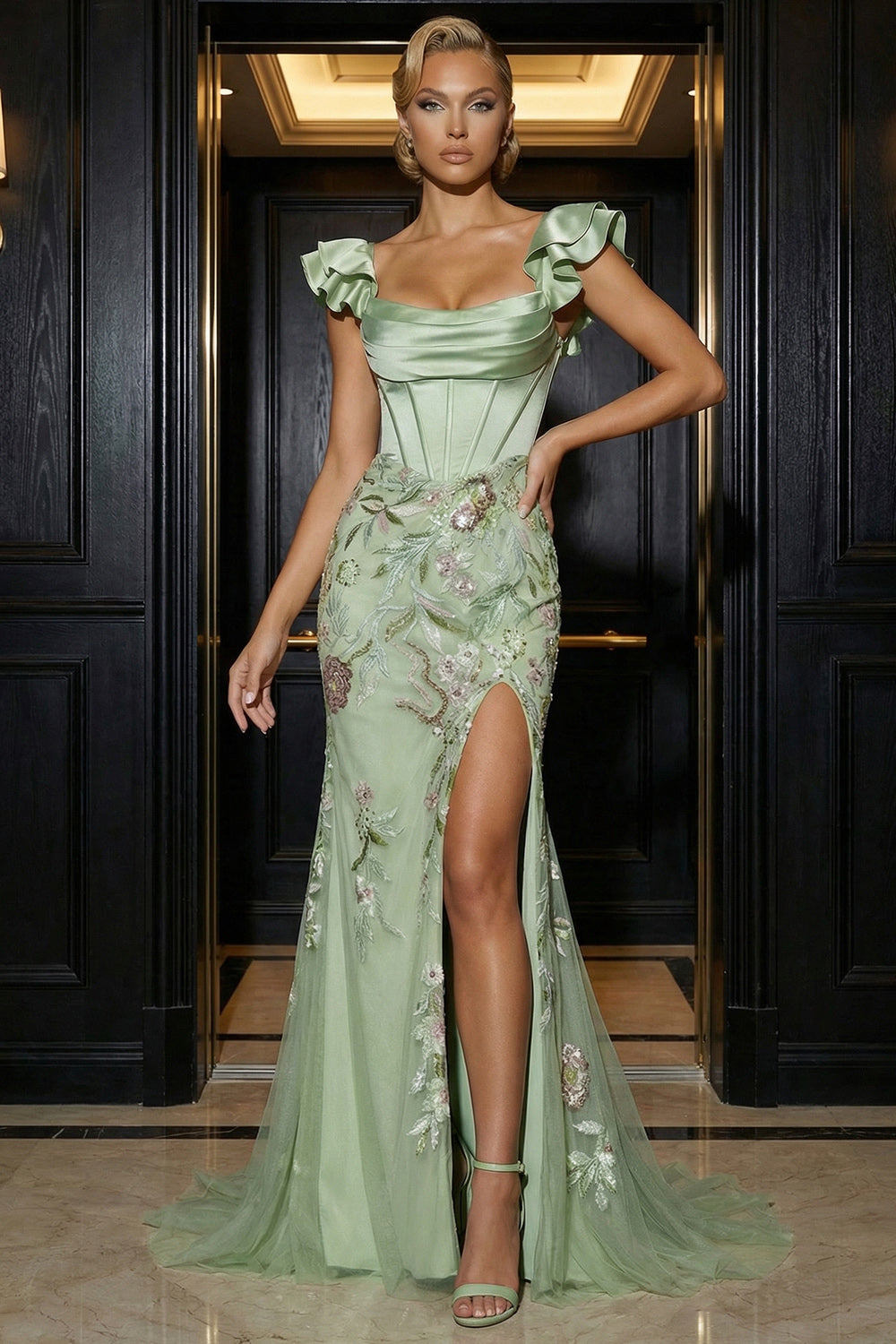 Floral Green Appliqued Corset Mermaid Long Ruffled Prom Dress with Slit