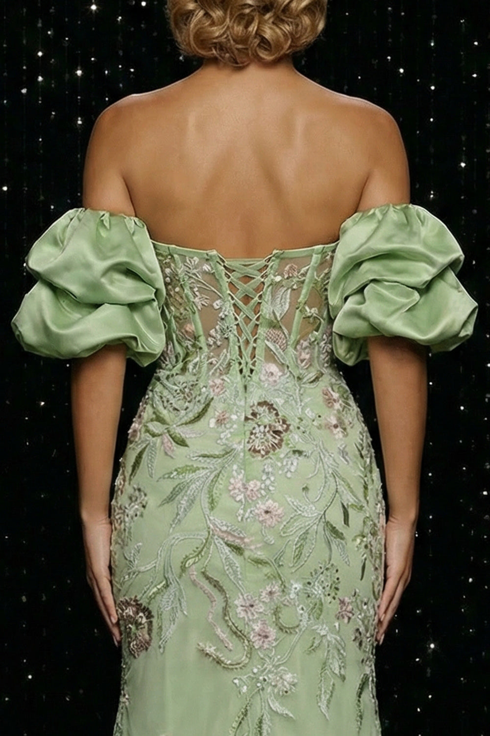 Floral Green Mermaid Off the Shoulder Long Corset Prom Dress with Slit