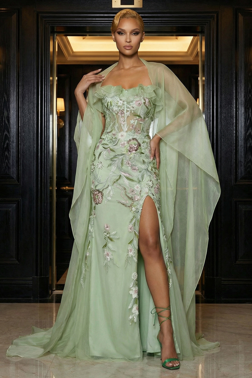 Green Corset Strapless Mermaid Ruffled Long Floral Prom Dress with Slit