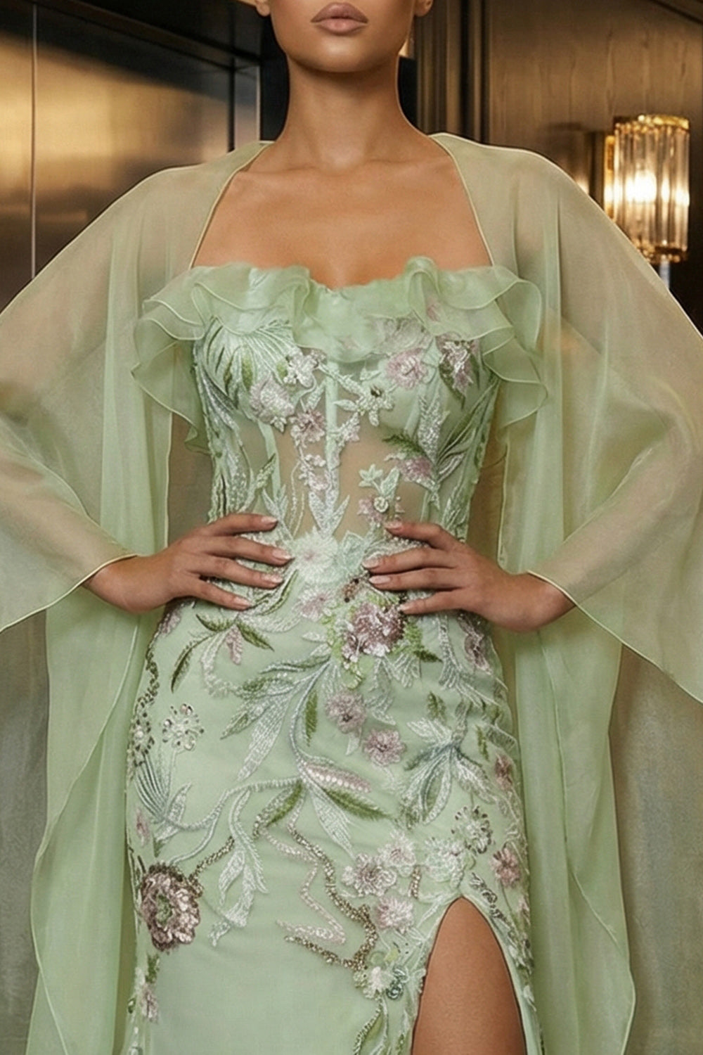Green Corset Strapless Mermaid Ruffled Long Floral Prom Dress with Slit