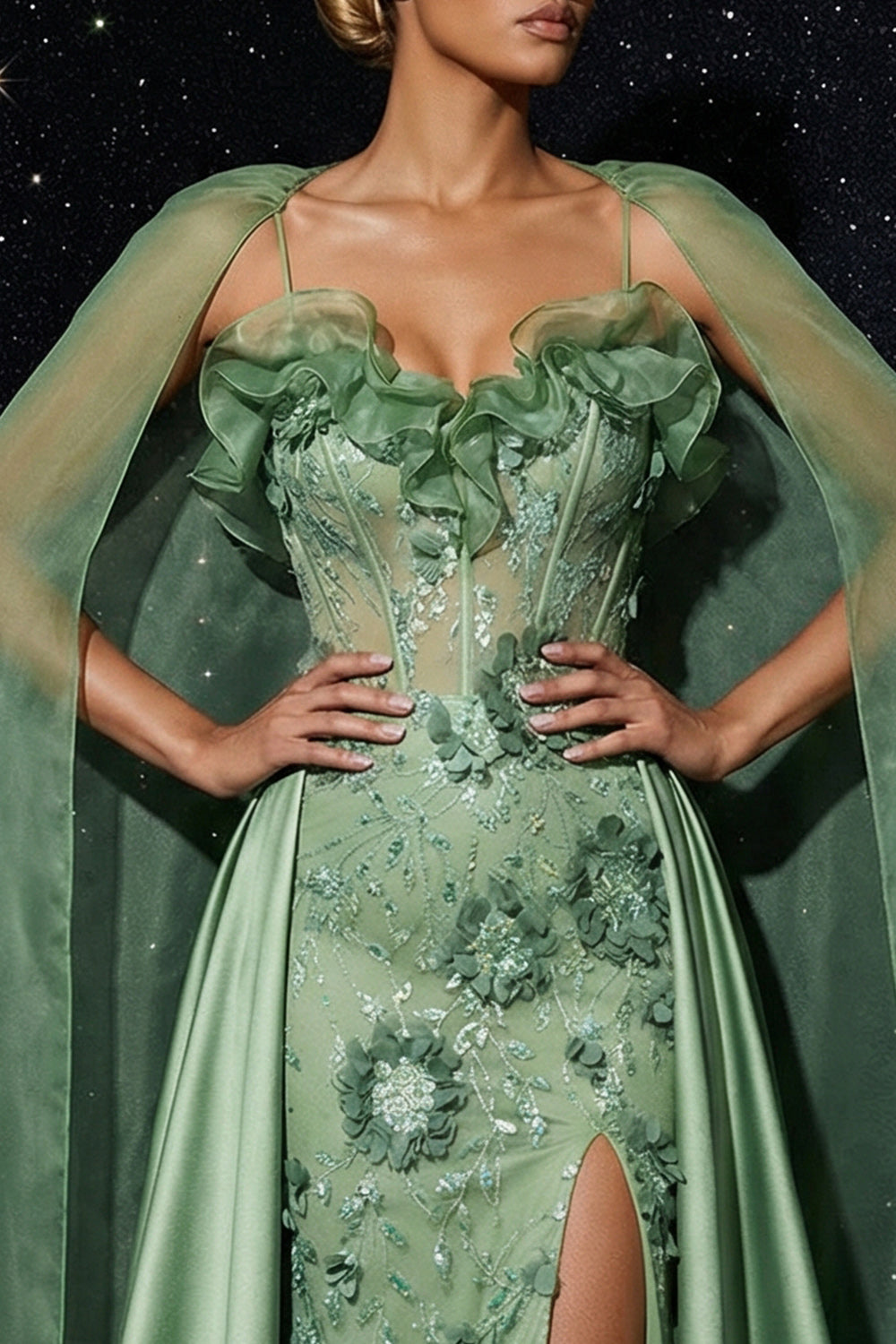 Floral Green Spaghetti Straps Sheath Long Corset Prom Dress with Slit