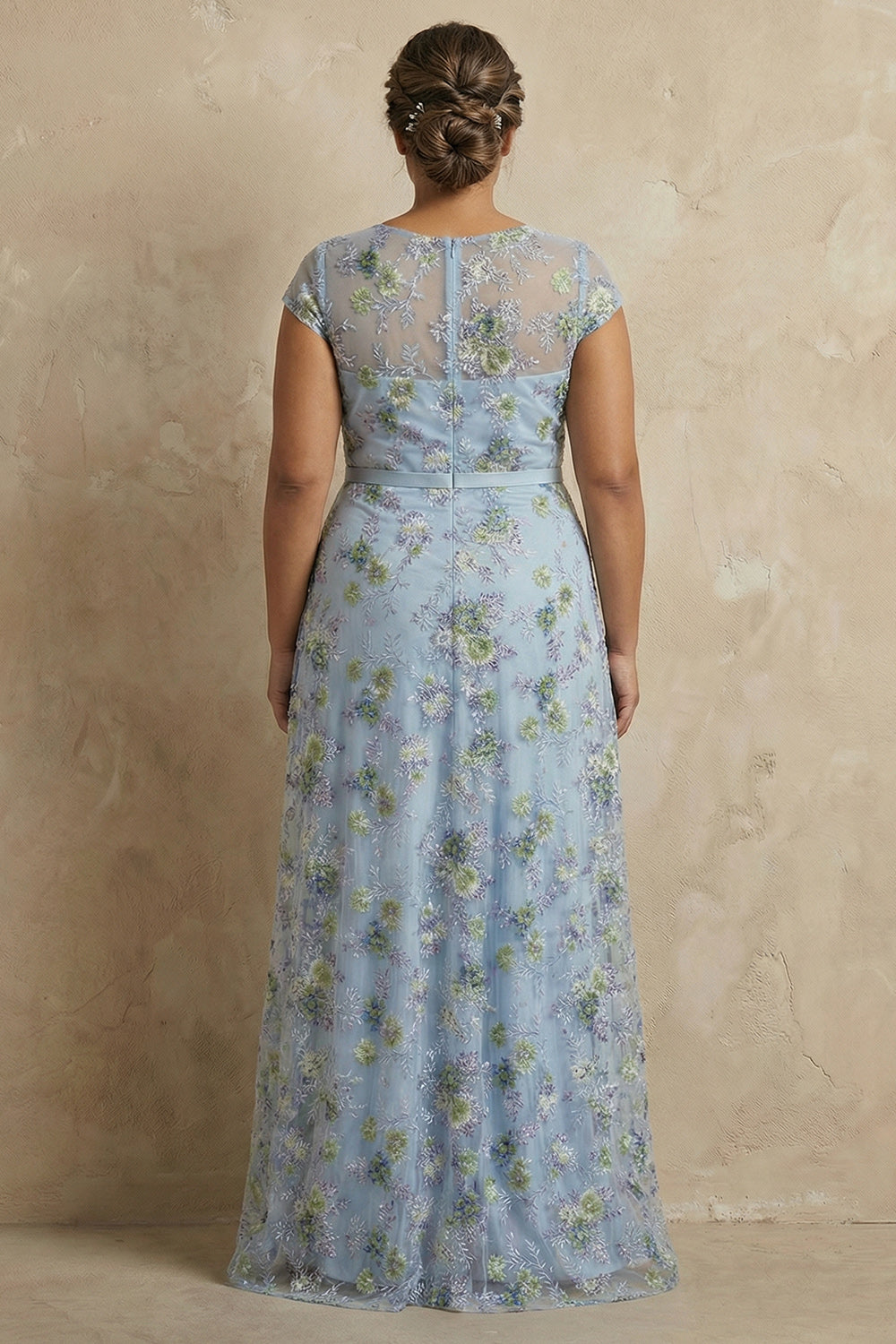 Plus Size Blue Round Neck Appliqued A Line Long Floral Mother of the Bride Dress