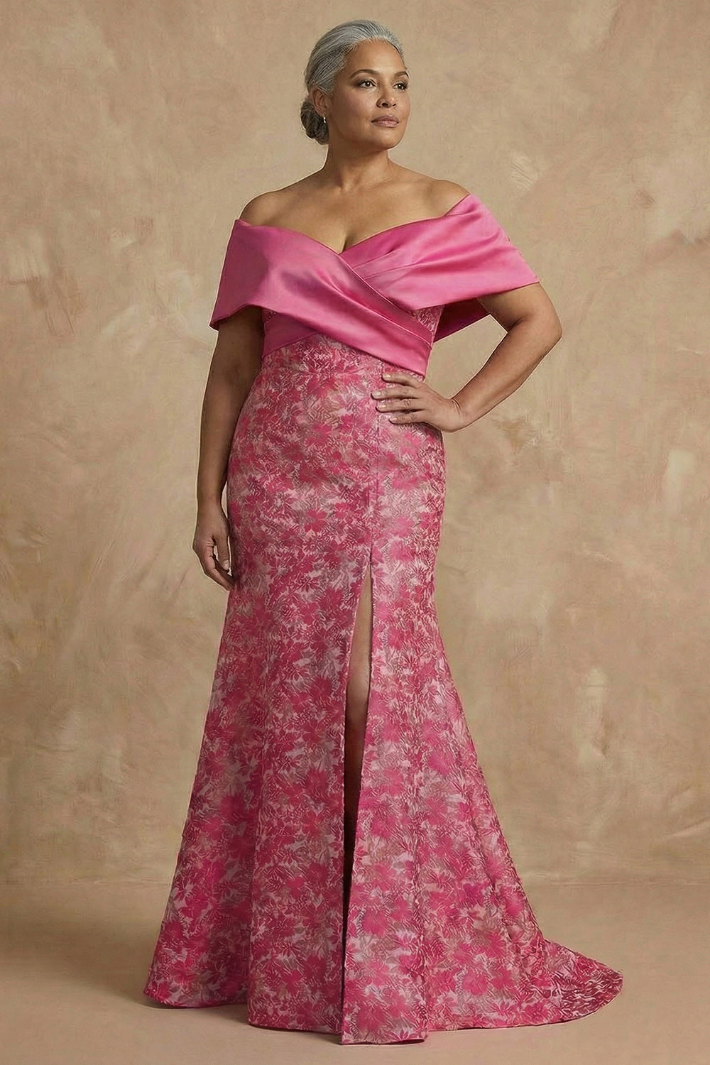 Plus Size Fuchsia Mermaid Off the Shoulder Floral Floor-Length Mother of the Bride Dress with Slit