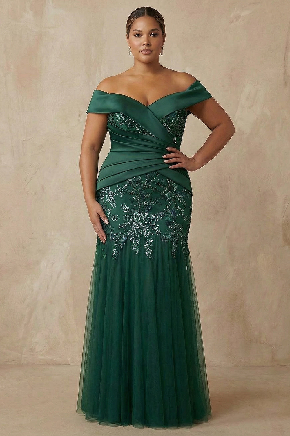 Sparkly Dark Green Off the Shoulder Mermaid Floor-Length Mother of the Bride Dress with Appliques