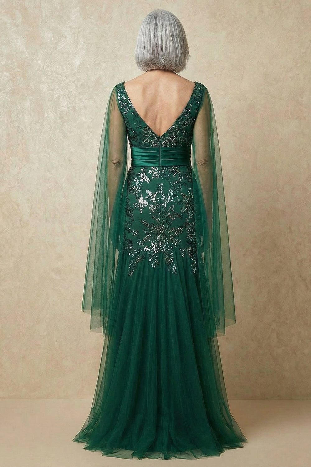 Sparkly Dark Green Mermaid Appliqued Floor-Length Mother of the Bride Dress with Cape