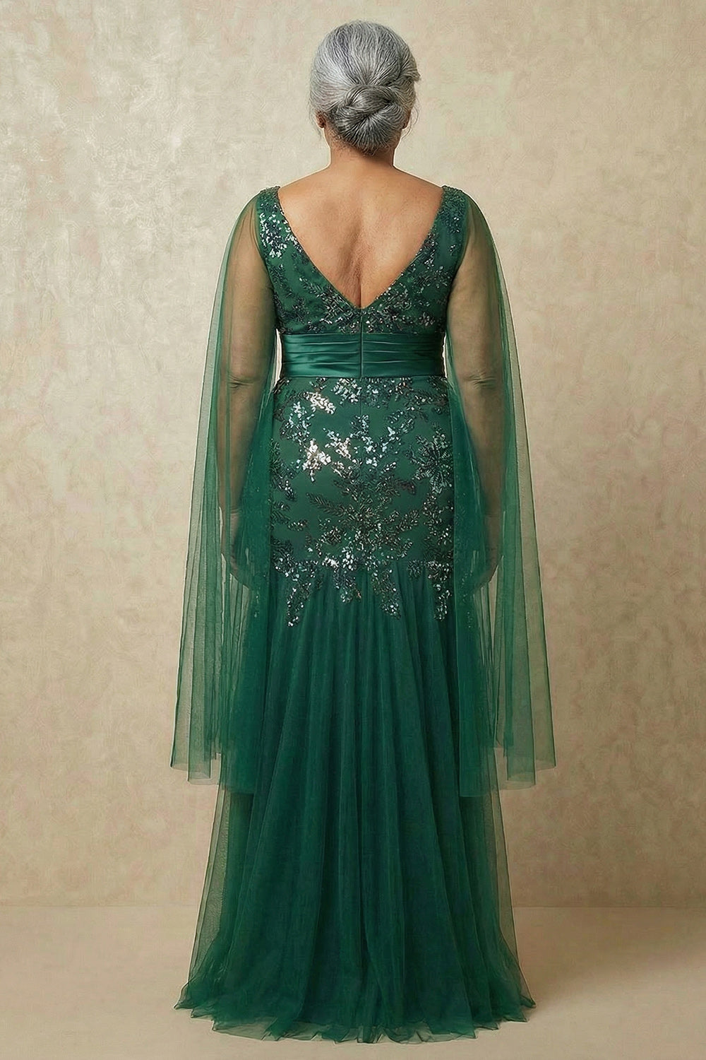 Sparkly Dark Green Mermaid Appliqued Floor-Length Mother of the Bride Dress with Cape