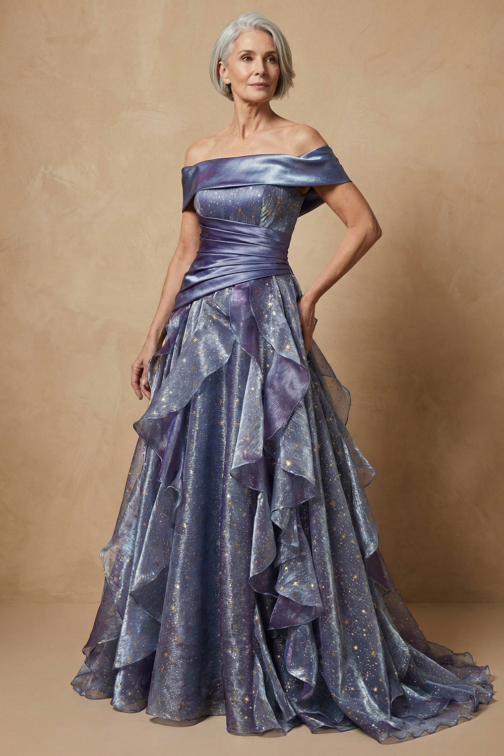 Sparkly Dusty Blue A Line Off the Shoulder Ruffled Long Mother of the Bride Dress