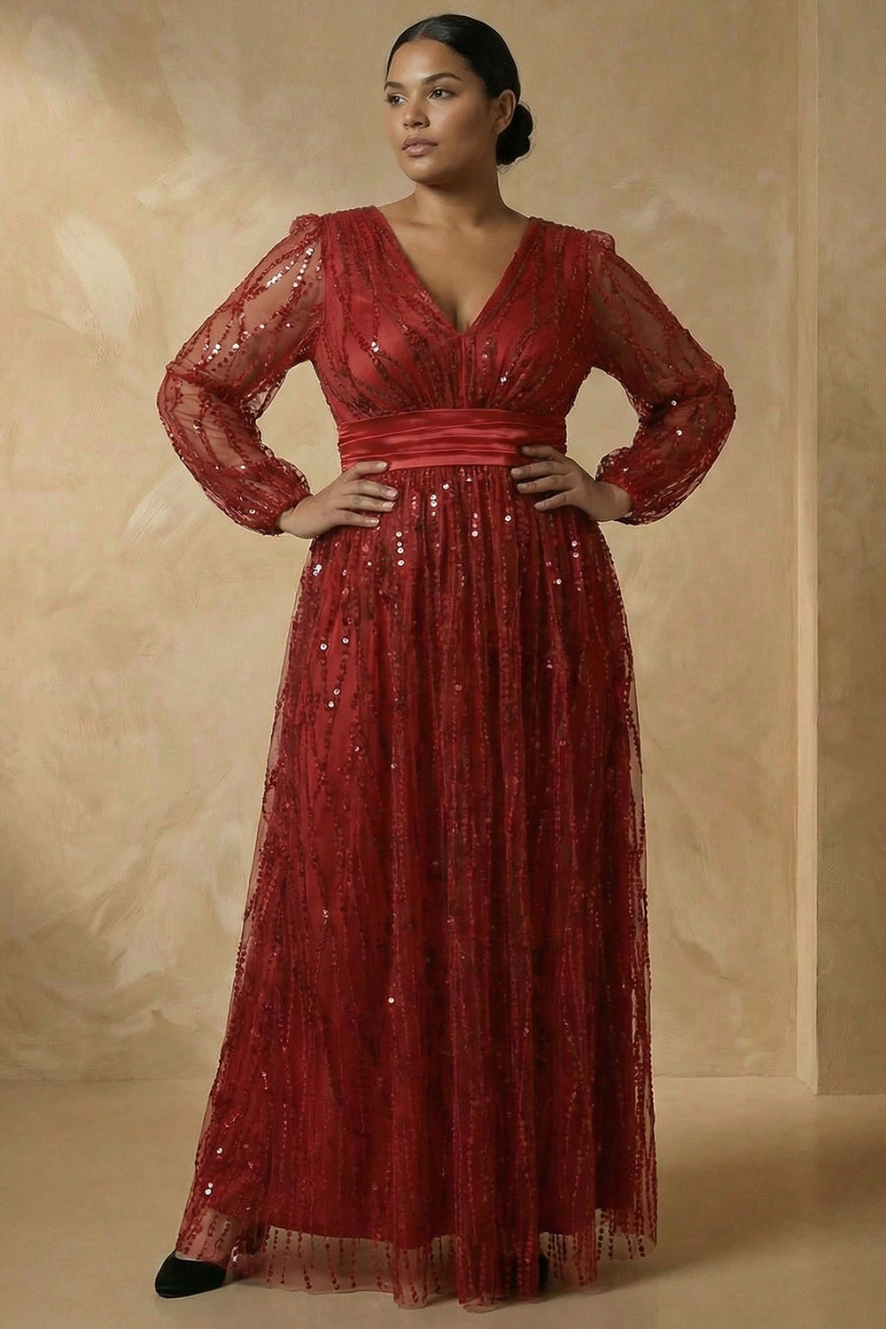 Sparkly Burgundy Sequin A Line Long Sleeves Mother of the Bride Dress