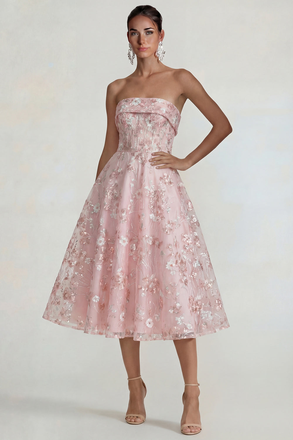 Sparkly Pink Floral Strapless A Line Midi Formal Dress