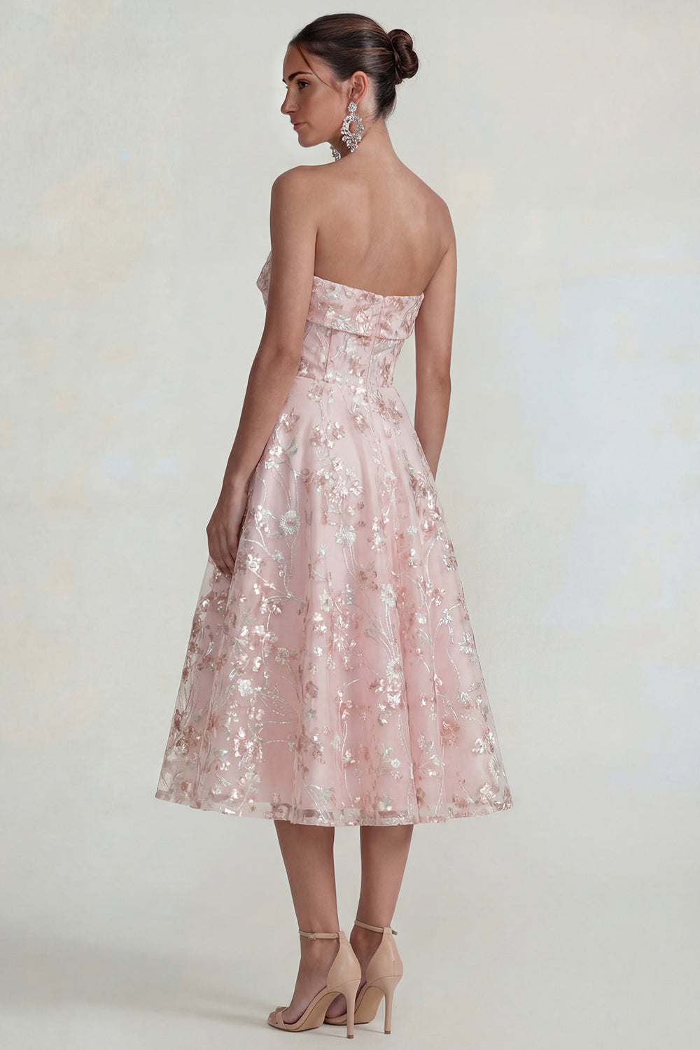 Sparkly Pink Floral Strapless A Line Midi Formal Dress