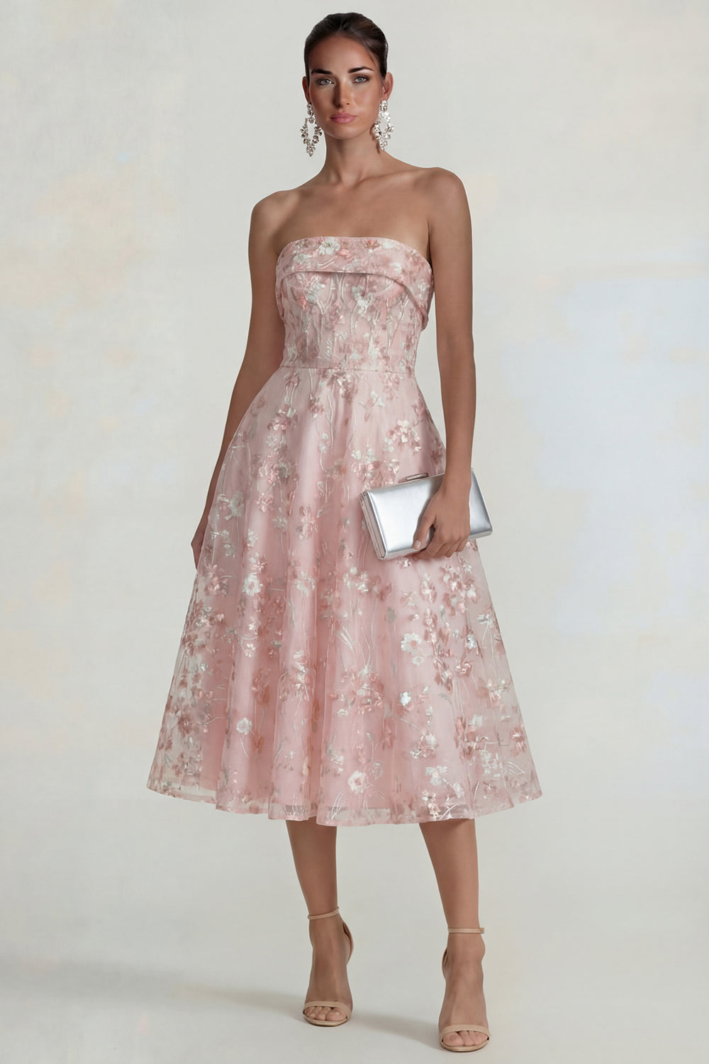Sparkly Pink Floral Strapless A Line Midi Formal Dress