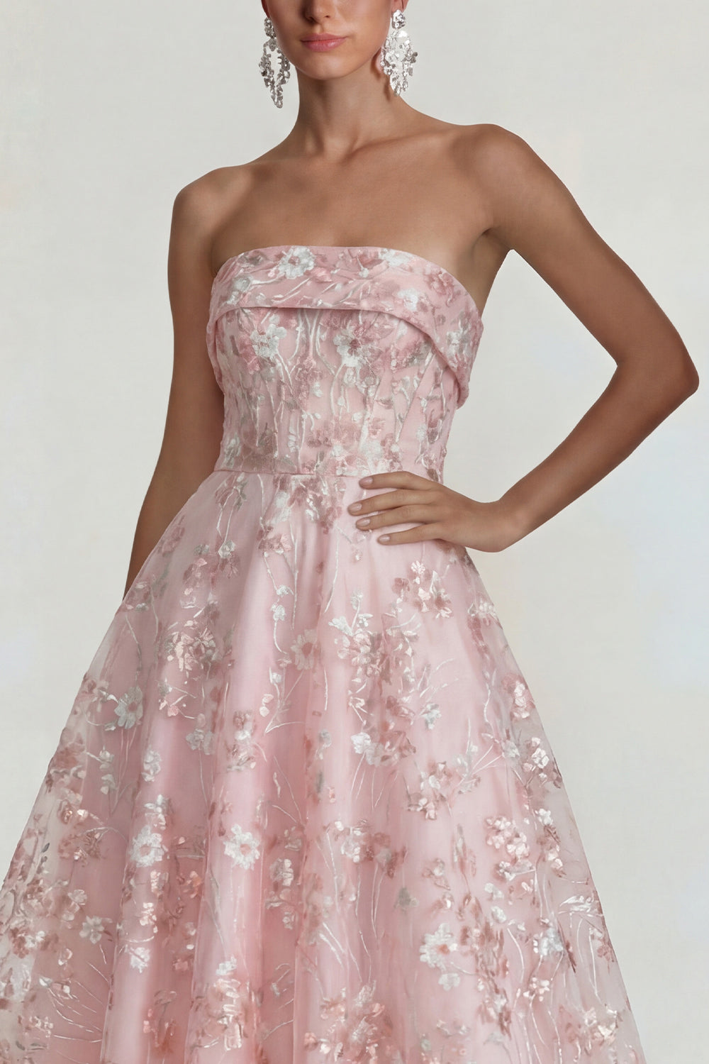 Sparkly Pink Floral Strapless A Line Midi Formal Dress