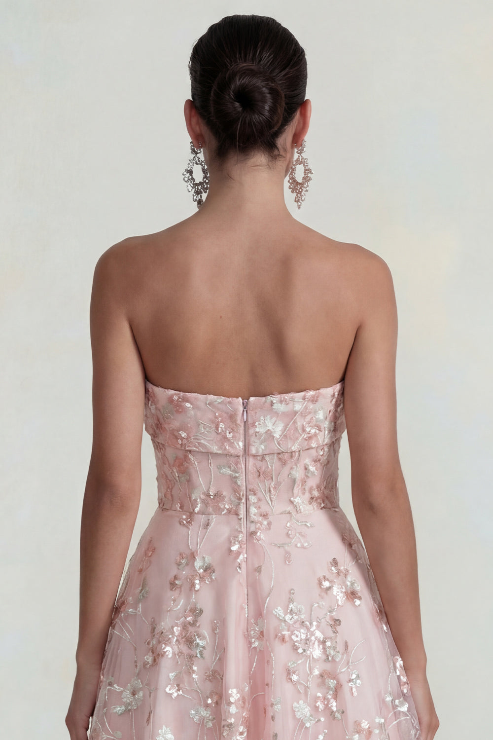 Sparkly Pink Floral Strapless A Line Midi Formal Dress