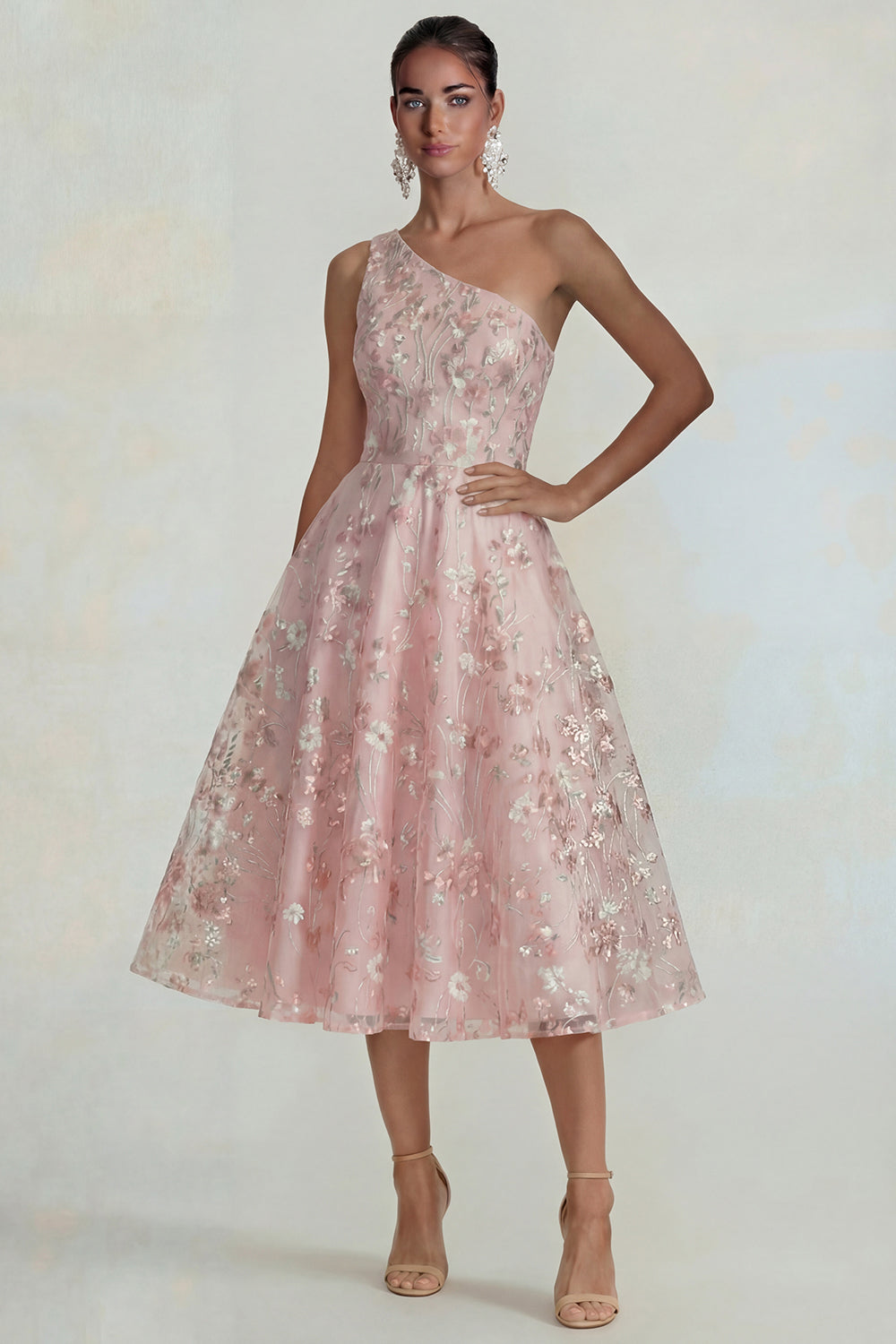 Sparkly Pink Floral One Shoulder A Line Midi Formal Dress