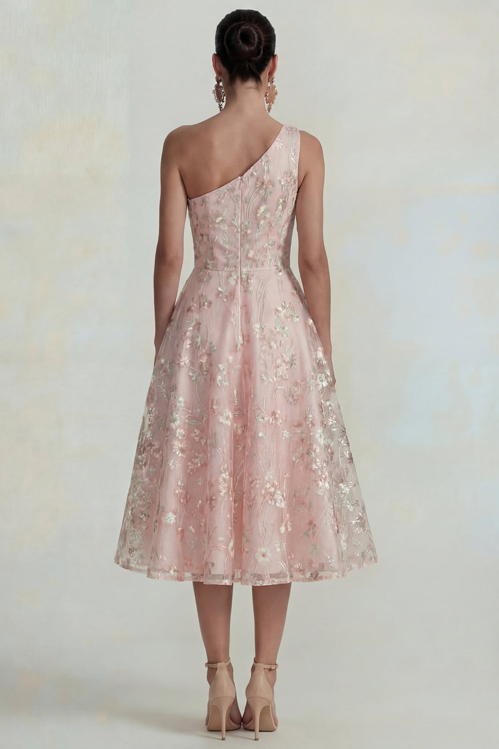Sparkly Pink Floral One Shoulder A Line Midi Formal Dress