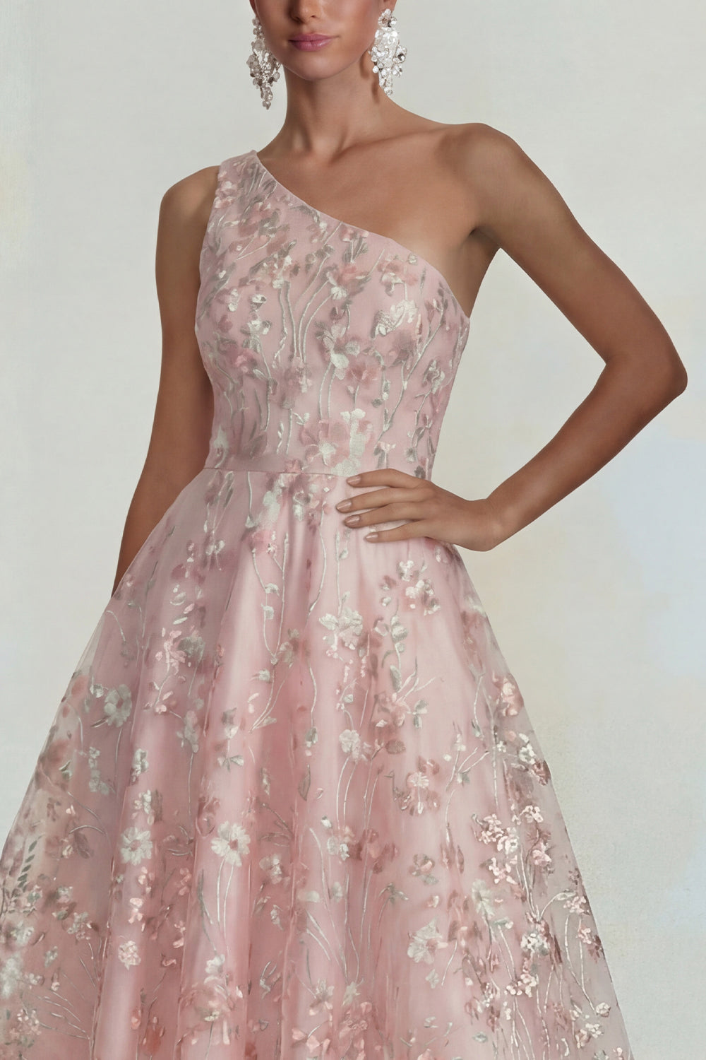 Sparkly Pink Floral One Shoulder A Line Midi Formal Dress