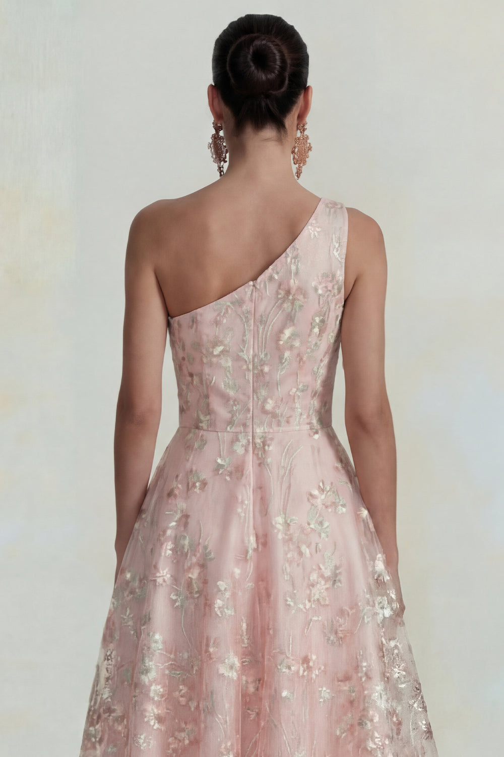 Sparkly Pink Floral One Shoulder A Line Midi Formal Dress