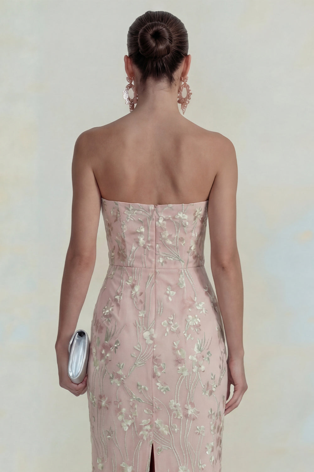 Sparkly Pink Strapless Sheath Long Floral Formal Dress