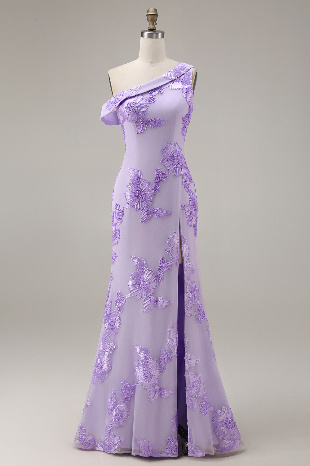 Yellow One Shoulder Long Mermaid Floral Prom Dress with Slit