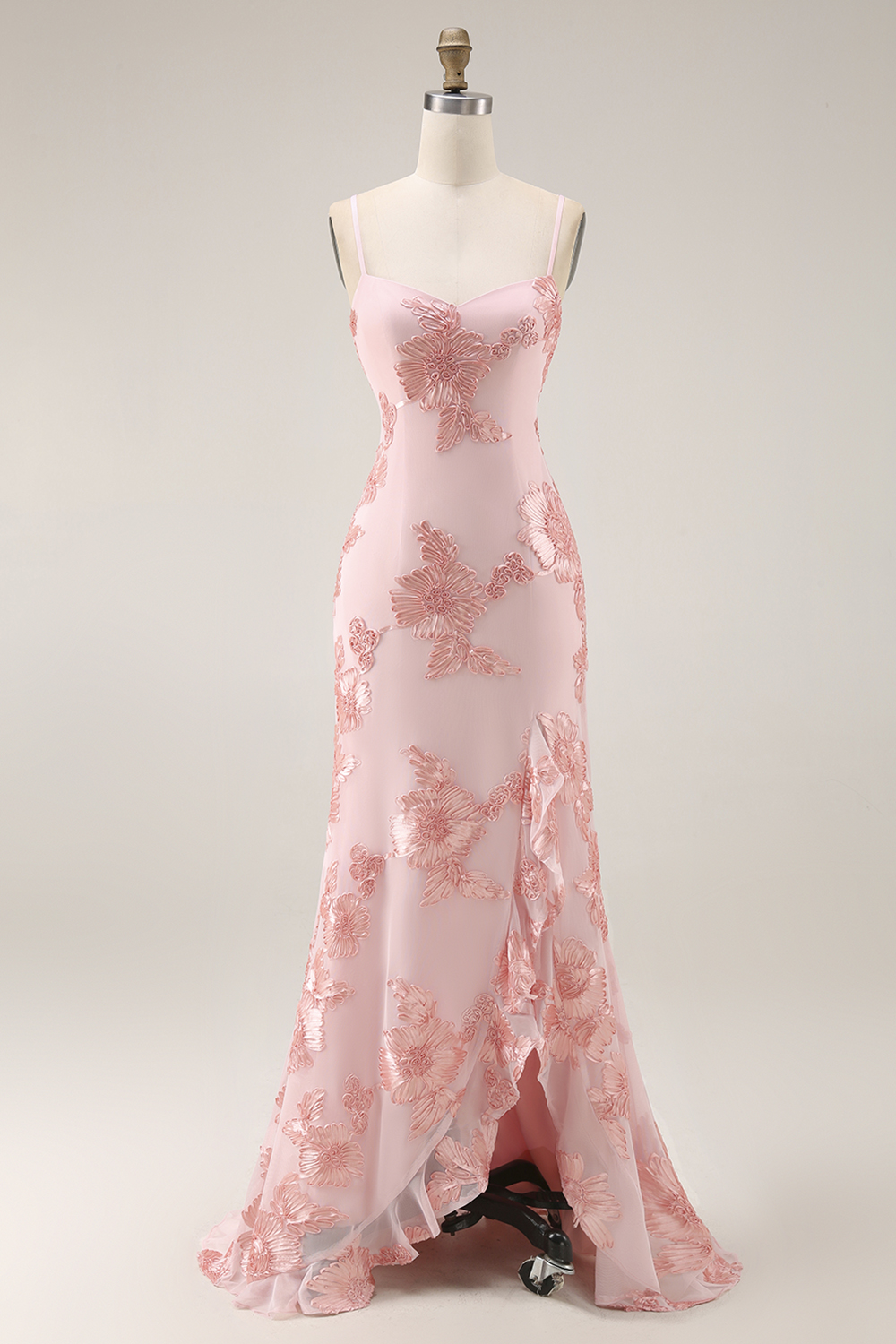 Floral Yellow Mermaid Spaghetti Straps Ruffled Long Prom Dress with Slit