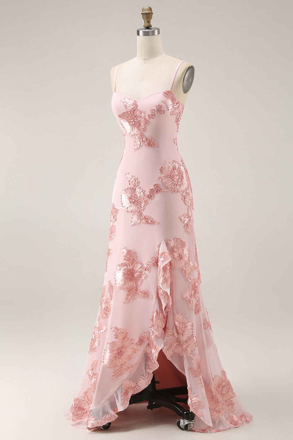 Floral Yellow Mermaid Spaghetti Straps Ruffled Long Prom Dress with Slit