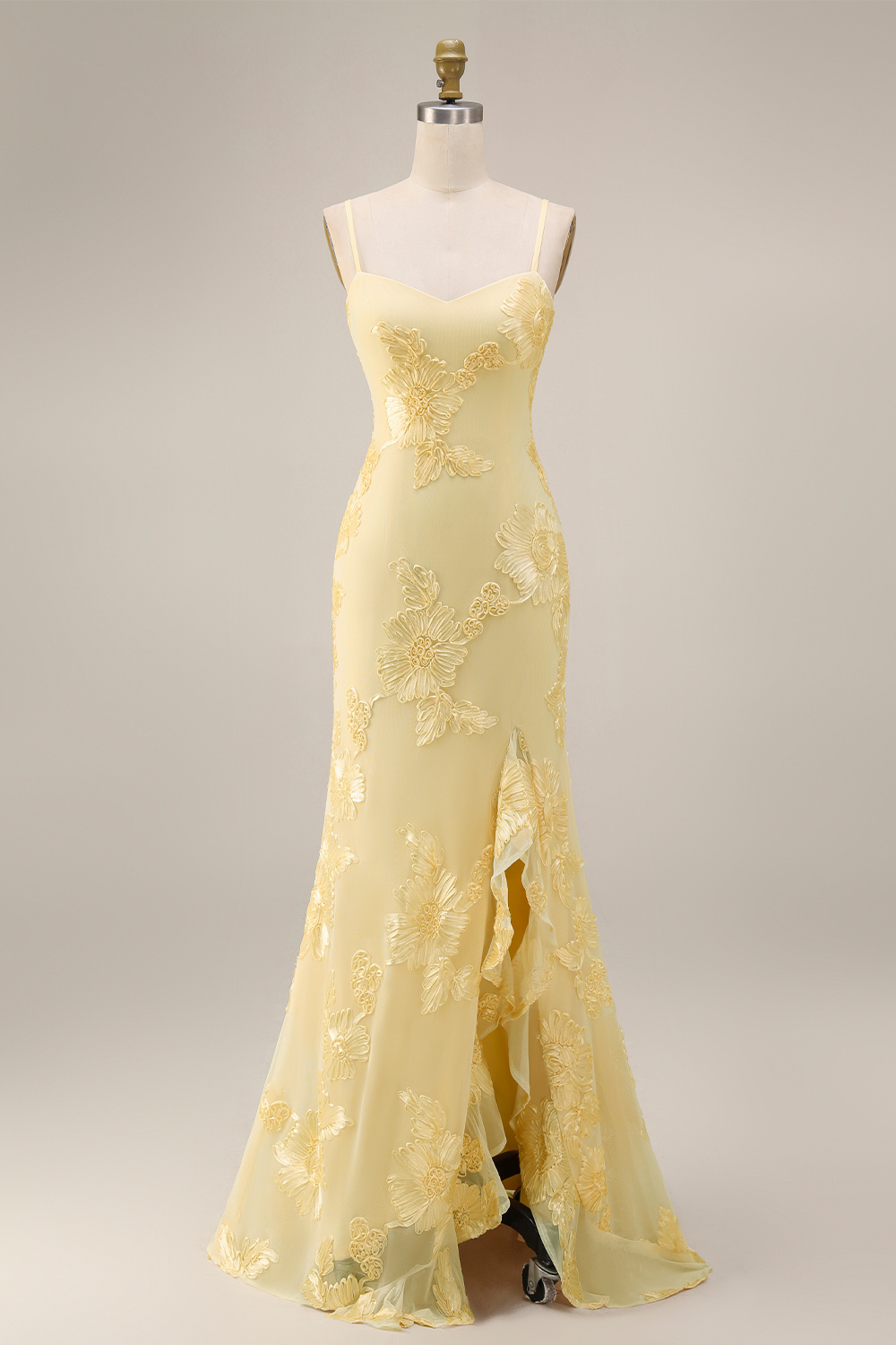 Floral Yellow Mermaid Spaghetti Straps Ruffled Long Prom Dress with Slit