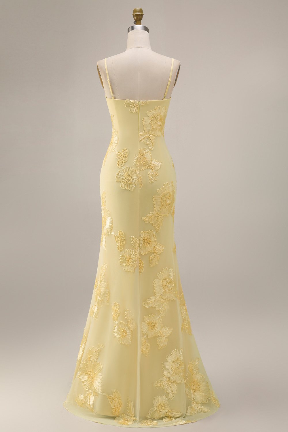 Floral Yellow Mermaid Spaghetti Straps Ruffled Long Prom Dress with Slit