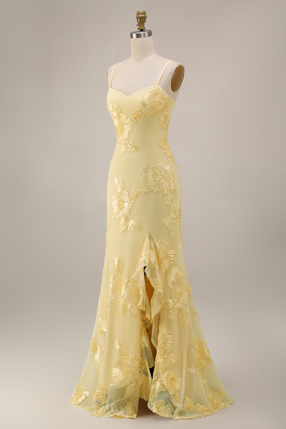 Floral Yellow Mermaid Spaghetti Straps Ruffled Long Prom Dress with Slit