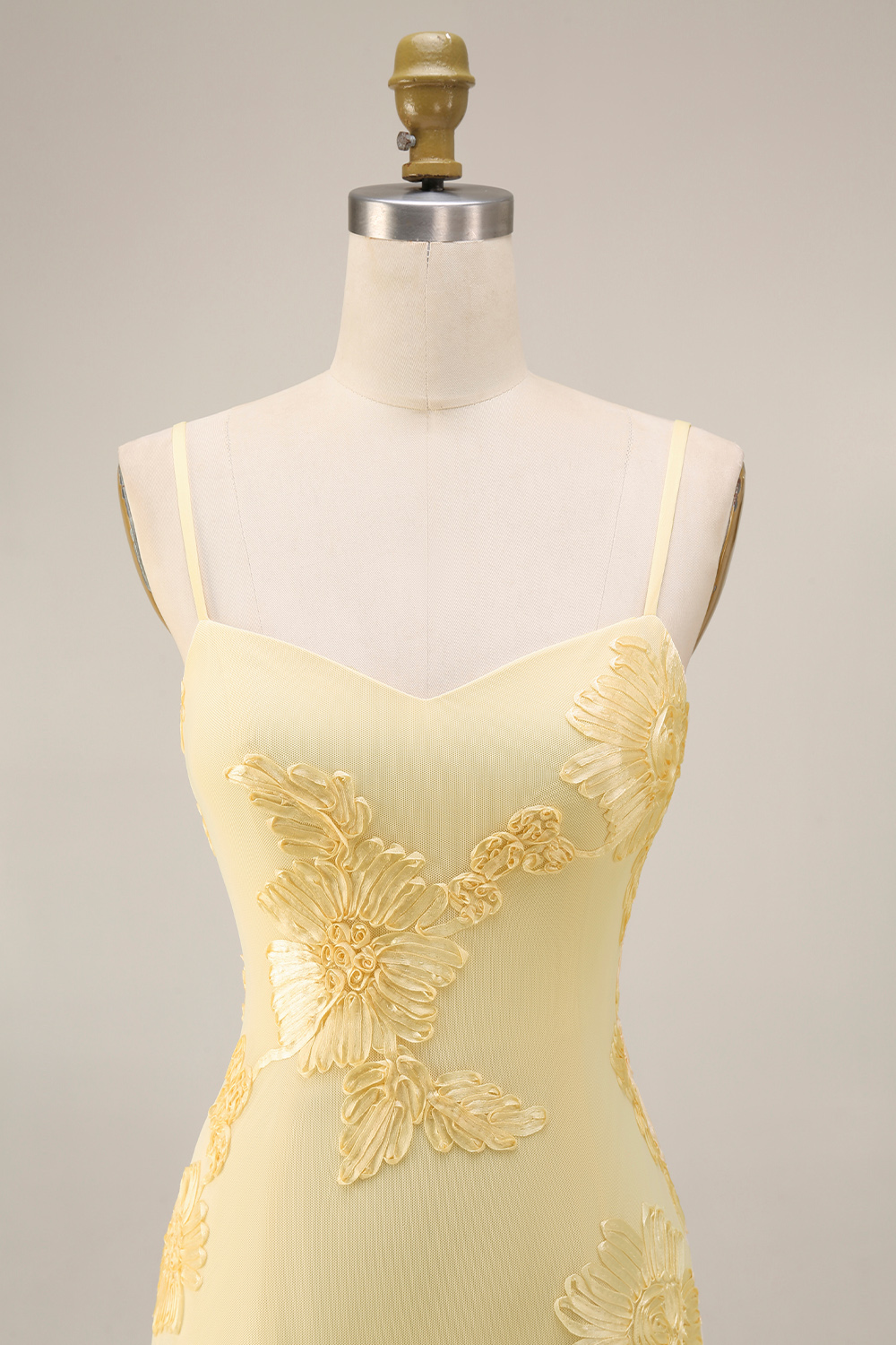 Floral Yellow Mermaid Spaghetti Straps Ruffled Long Prom Dress with Slit