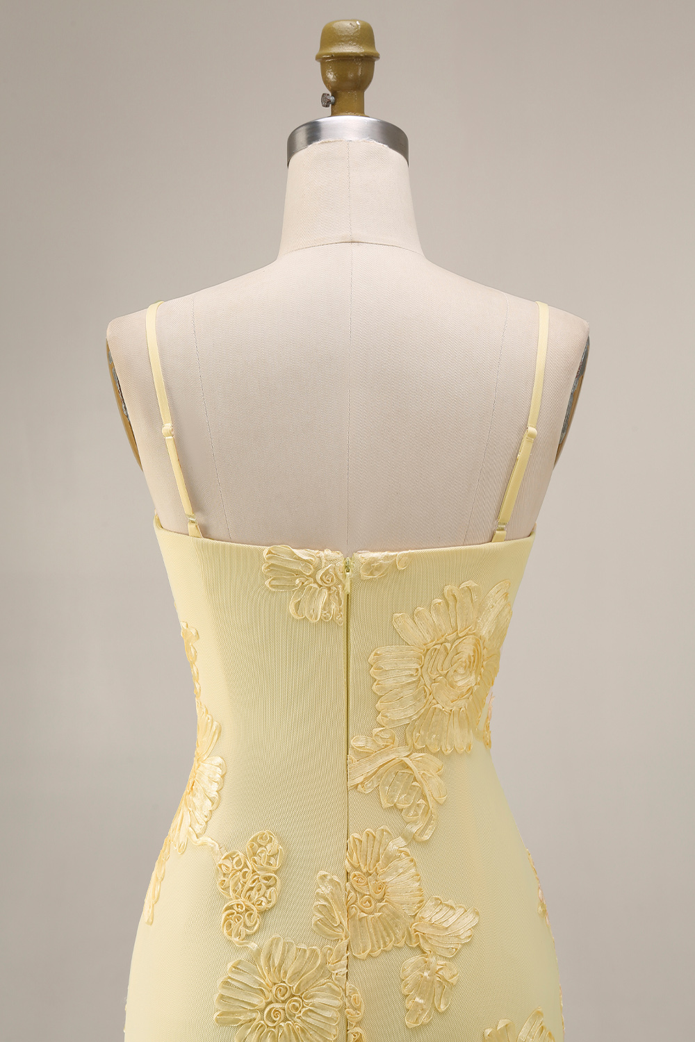 Floral Yellow Mermaid Spaghetti Straps Ruffled Long Prom Dress with Slit