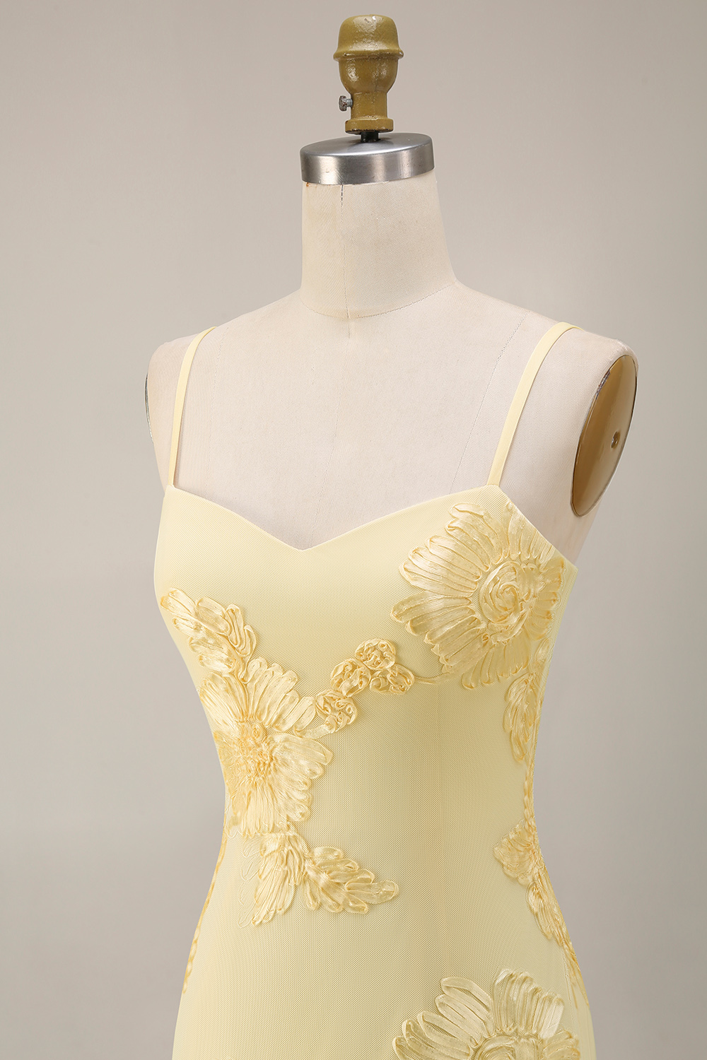 Floral Yellow Mermaid Spaghetti Straps Ruffled Long Prom Dress with Slit