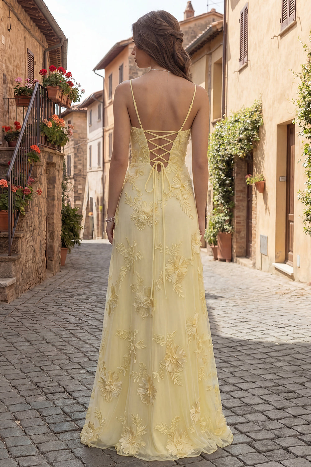 Yellow A Line Spaghetti Straps Long Floral Prom Dress with Appliques