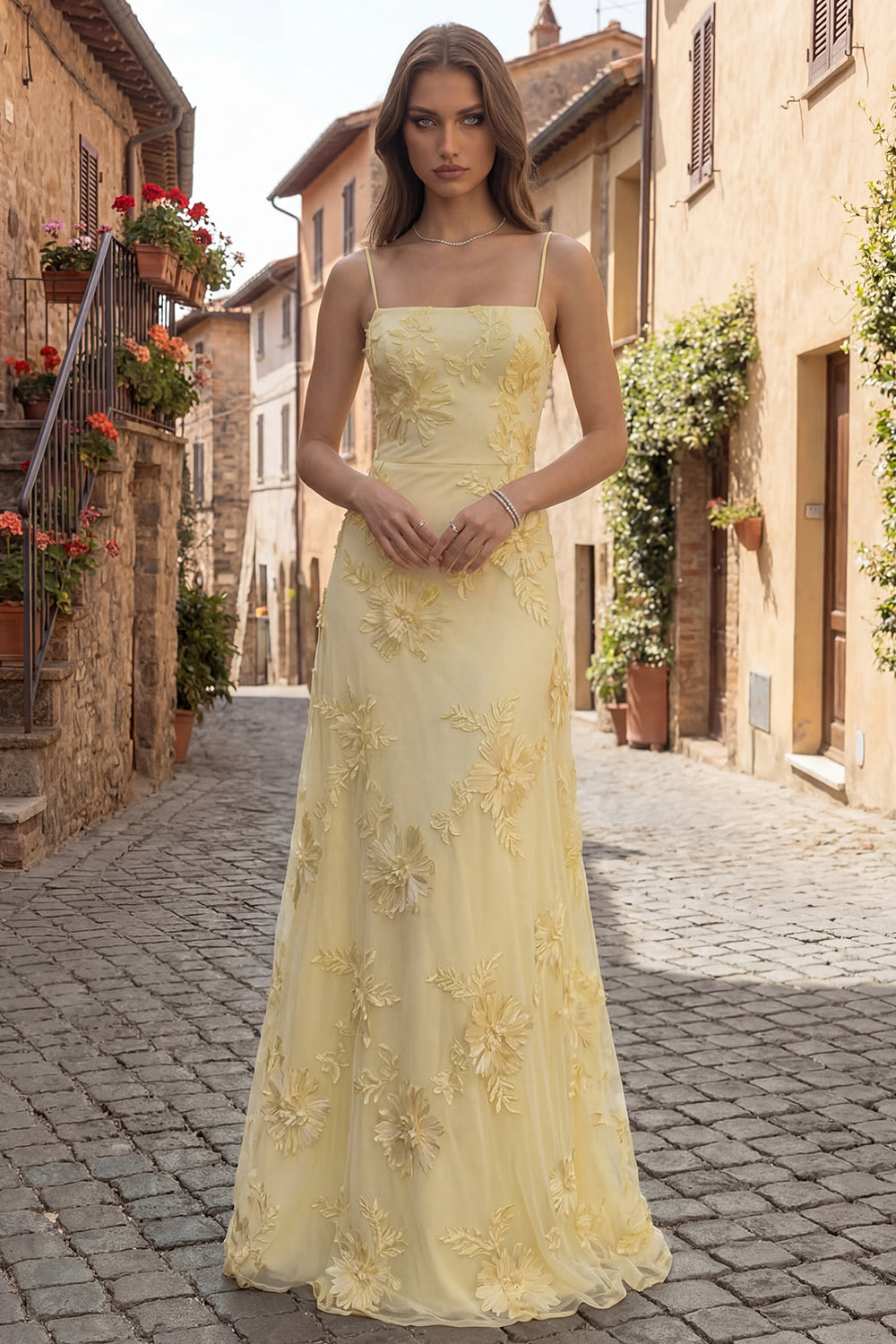 Yellow A Line Spaghetti Straps Long Floral Prom Dress with Appliques