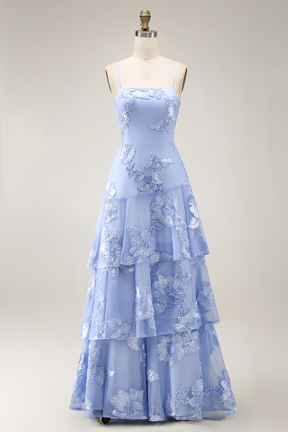 Yellow Spaghetti Straps Floral Long A Line Prom Dress with Ruffles