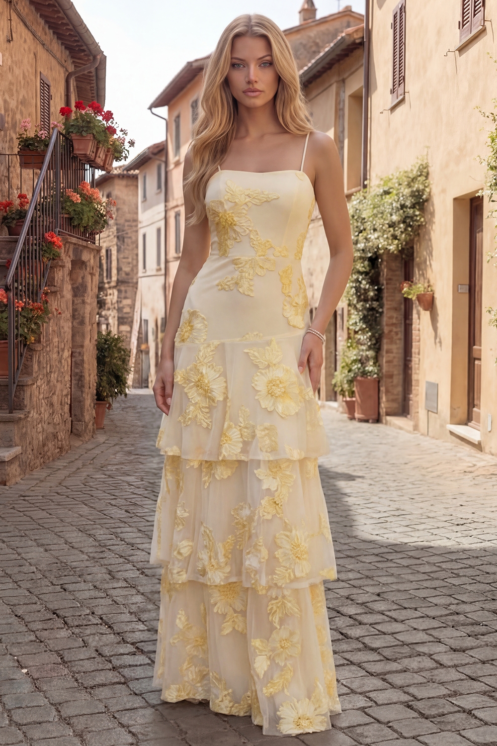 Yellow Spaghetti Straps Floral Long A Line Prom Dress with Ruffles