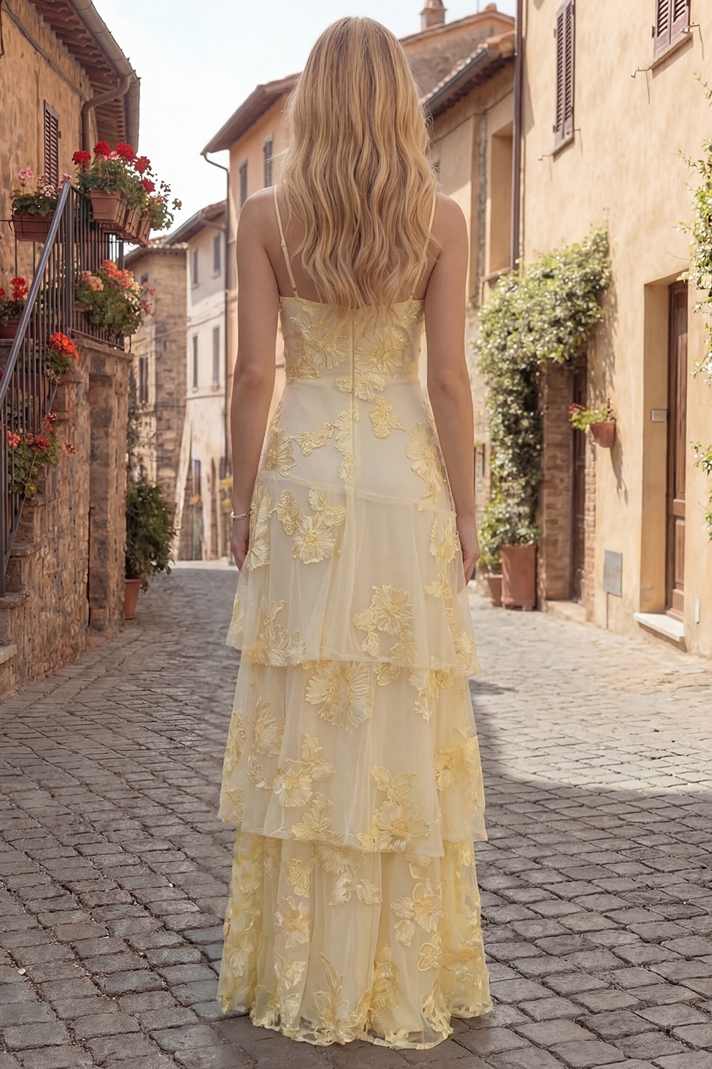 Yellow Spaghetti Straps Floral Long A Line Prom Dress with Ruffles