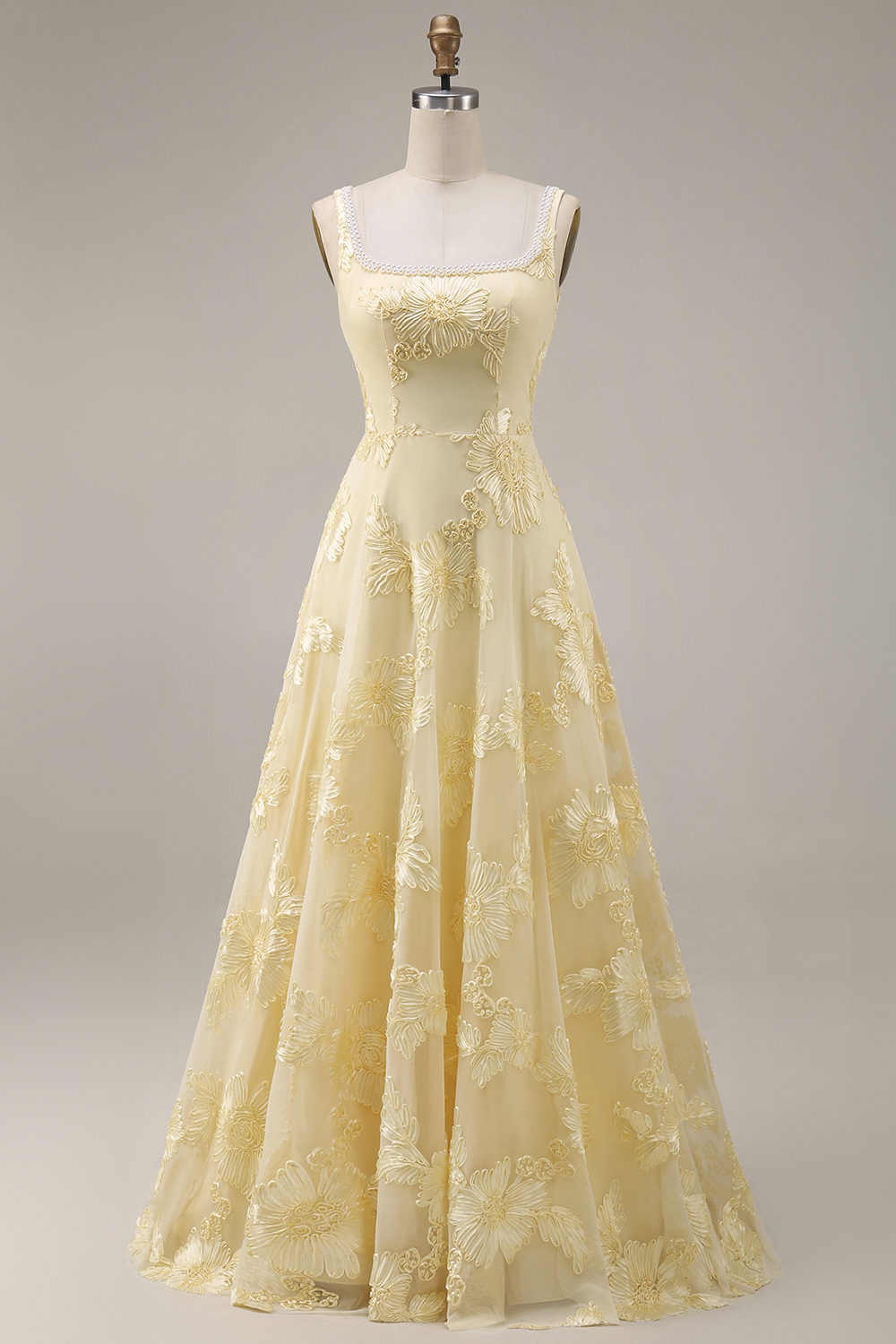 Yellow Floral Beaded Square Neck A Line Long Prom Dress